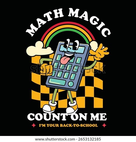 Cute calculator back to school in retro cartoon character illustration