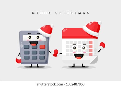 Cute calculator and calendar, mascot holding hands wearing Christmas clothes