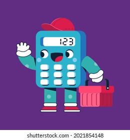 Cute calculator with shopping basket vector cartoon character isolated on background. Back to school concept illustration.