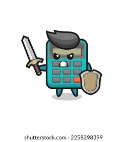 cute calculator soldier fighting with sword and shield , cute style design for t shirt, sticker, logo element