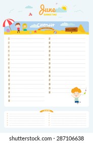 Cute Calendar 2016 Template. Happy Birthday Diary with Vector Character and Funny Illustrations Animals and Kids. Trendy Season Holidays Backgrounds. Good Organizer and Schedule with place for Notes