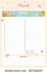 Cute Calendar 2016 Template. Happy Birthday Diary with Vector Character and Funny Illustrations Animals and Kids. Trendy Season Holidays Backgrounds. Good Organizer and Schedule with place for Notes