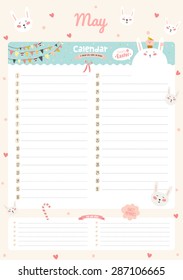 Cute Calendar 2016 Template. Happy Birthday Diary with Vector Character and Funny Illustrations Animals and Kids. Trendy Season Holidays Backgrounds. Good Organizer and Schedule with place for Notes