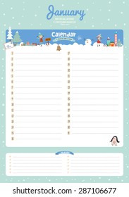 Cute Calendar 2016 Template. Happy Birthday Diary with Vector Character and Funny Illustrations Animals and Kids. Trendy Season Holidays Backgrounds. Good Organizer and Schedule with place for Notes