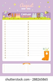 Cute Calendar 2016 Template. Happy Birthday Diary with Vector Character and Funny Illustrations Animals and Kids. Trendy Season Holidays Backgrounds. Good Organizer and Schedule with place for Notes