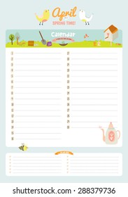 Cute Calendar 2016 Template. Happy Birthday Diary with Vector Character and Funny Illustrations Animals and Kids. Trendy Season Holidays Backgrounds. Good Organizer and Schedule with place for Notes