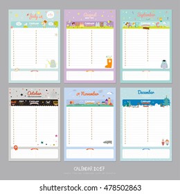 Cute Calendar 2017 Template. Happy Birthday Diary with Vector Character and Funny Illustrations Animals and Kids. Trendy Season Holidays Backgrounds. Good Organizer and Schedule with place for Notes