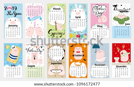 Cute Calendar 2019 Stock Vector (Royalty Free) 1096172477 - Shutterstock