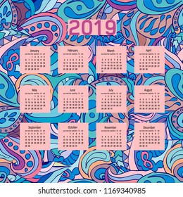 Cute calendar for 2019, original backgrounds, pastel colors vector illustration in cartoon style
