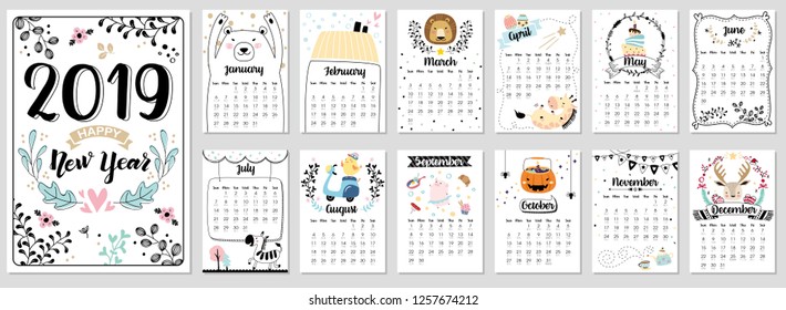 Cute Calendar for 2019. vector illustration