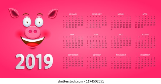 Cute calendar for 2019 year with smiling pig's face on pink background. Holiday event planner. Week Starts Sunday. Vector illustration.