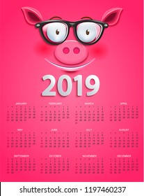 Cute calendar for 2019 year with smiling clever pig's face in glasses on pink background. Holiday event planner. Week Starts Sunday. Vector illustration.