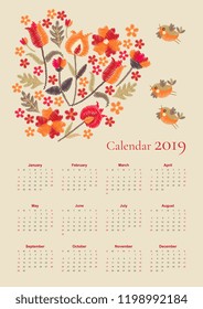 Cute calendar for 2019 year. Week starts on sunday. Vector template with embroidered bouquet of flowers and flying birds.