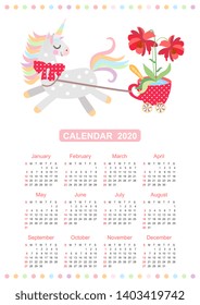 Cute calendar for 2020 year with small horse - unicorn harnessed to cart in the form of red cup on castors with large beautiful flower in it
