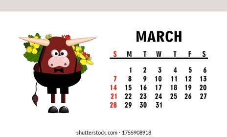 cute calendar 2021. Year of the bull. Funny bull character isolated on a white background. Symbol of 2021.