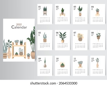 Cute calendar 2022 design,The year of plant monthly cards templates,Set of 12 month,Monthly trees,leaf,Vector illustrations.