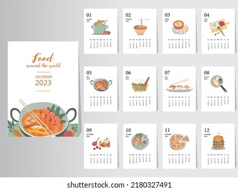 Diseño de calendario 2023,El año de las plantillas de tarjetas mensuales de planta,Conjunto de ilustraciones de 12 meses,Mensual,Alimentos,Vector.