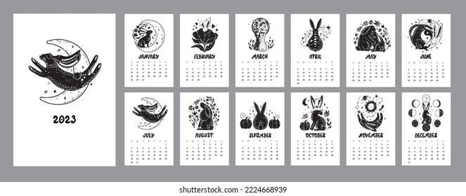 Calendario lindo 2023 con conejos, elementos astrológicos, esotéricos. Luna, estrellas. Símbolo de conejito negro.