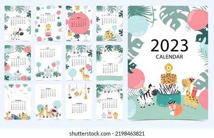 Cute calendar 2023 with safari for children.Can be used for printable graphic 