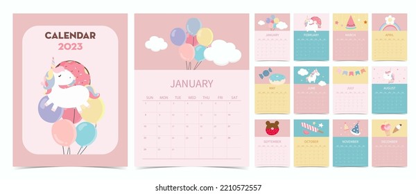 Cute calendar 2023 with unicorn,balloon and rainbow