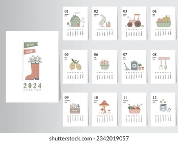 Cute calendar 2024 design,The year of plant monthly cards templates,Set of 12 month,Monthly trees,plant,Vector illustrations.