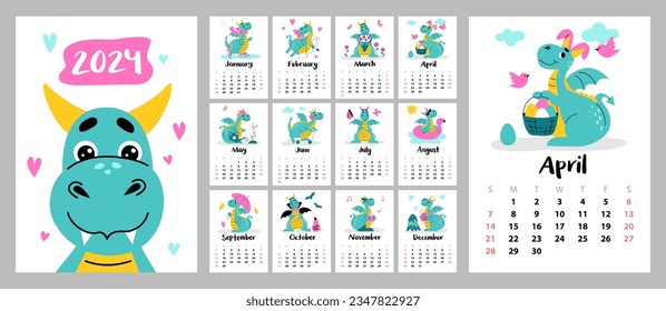 Cute calendar of 2024. Funny dragon smiles. The week starts on Sunday. Layout for printing A4,A5