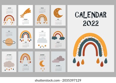 Cute calendar with boho elements. 2022 calendar with rainbows, clouds, moon, stars.  Minimalistic calendar for the year for print. Wall vertical calendar. 