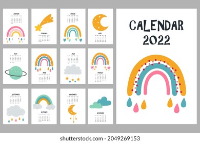 Cute calendar with boho elements. 2022 calendar with rainbows, clouds, moon, stars.  Minimalistic calendar for the year for print. Wall vertical calendar. 