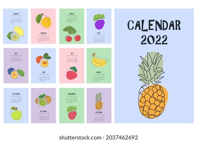 Cute calendar with cartoon fruits. 2022 calendar with fruits.  Minimalistic calendar for the year for print. Black line art with colorful spots. Wall vertical calendar.