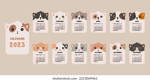 Cute calendar with cats. 2023 calendar with cute cats. Minimalistic calendar for the year for print.