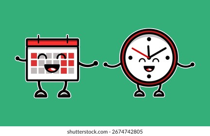 Lindo calendario y personajes de la mascota del reloj para la gestión del tiempo