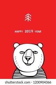 Cute calendar cover 2019 with bear on a red background.