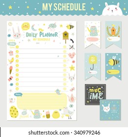 Cute Calendar Daily Planner Template For 2016. Beautiful Diary With Vector Character And Funny Kids Illustrations. Spring Season Holidays Backgrounds. Organizer And Schedule With Place For Notes