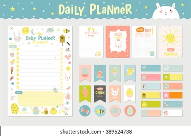 Cute Calendar Daily Planner Template for 2016. Beautiful Diary with Vector Character and Funny Kids Illustrations. Spring Season Holidays Backgrounds. Organizer and Schedule with place for Notes