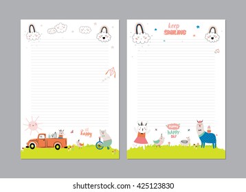 Cute Calendar Daily Planner Template for 2016. Beautiful Diary with Vector Funny Animals Illustrations. Good for Kids. Summer Season Holidays Backgrounds. Organizer and Schedule with place for Notes