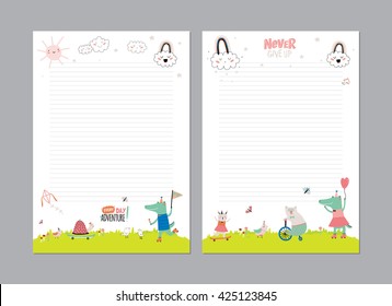 Cute Calendar Daily Planner Template for 2016. Beautiful Diary with Vector Funny Animals Illustrations. Good for Kids. Summer Season Holidays Backgrounds. Organizer and Schedule with place for Notes