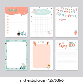 Cute Calendar Daily Planner Template for 2016. Note Paper Set with Vector Funny Animals Illustrations. Good for Kids. Summer Season Holidays Backgrounds. Organizer and Schedule with place for Notes