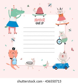 Cute Calendar Daily Planner Template for 2016. Beautiful Diary with Vector Funny Animals Illustrations. Good for Kids. Organizer and Schedule with place for Notes