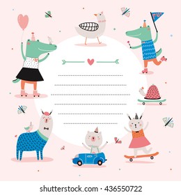 Cute Calendar Daily Planner Template for 2016. Beautiful Diary with Vector Funny Animals Illustrations. Good for Kids. Organizer and Schedule with place for Notes