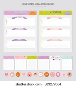 Cute calendar daily planner template. Beautiful diary with funny animals Illustrations. Kids Backgrounds. Vector. Organizer and Schedule with place for Notes