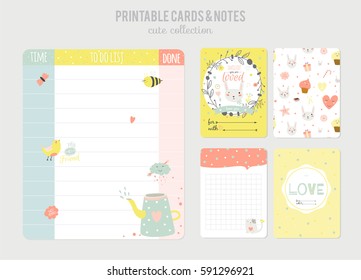 Cute calendar daily planner template. Beautiful diary with funny kids illustrations. Spring holidays background. Organizer and Schedule with place for Notes. Vector. Isolated 