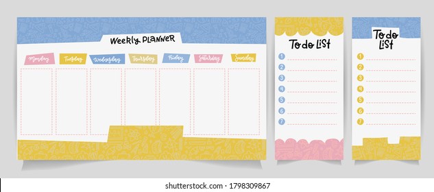 Cute Calendar Daily And Weekly Planner Template. Note Paper , To Do List Set With Vector Linear School Supplies Illustrations. Good For Kids. Organizer And Schedule With Place For Notes