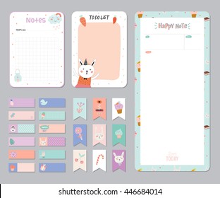 Cute Calendar Daily and Weekly Planner Template. Note Paper and Stickers Set with Vector Funny Animals Illustrations. Good for Kids. Cute Background. Organizer and Schedule with place for Notes.