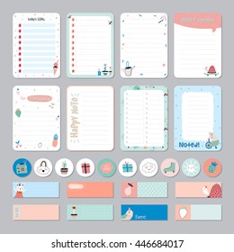 Cute Calendar Daily and Weekly Planner Template. Note Paper and Stickers Set with Vector Funny Animals Illustrations. Good for Kids. Cute Background. Organizer and Schedule with place for Notes.