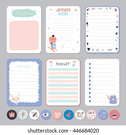 Cute Calendar Daily and Weekly Planner Template. Note Paper and Stickers Set with Vector Funny Animals Illustrations. Good for Kids. Cute Background. Organizer and Schedule with place for Notes.