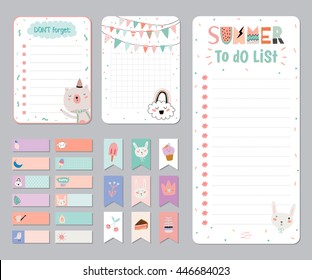 Cute Calendar Daily and Weekly Planner Template. Note Paper and Stickers Set with Vector Funny Animals Illustrations. Good for Kids. Cute Background. Organizer and Schedule with place for Notes.