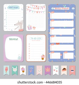 Cute Calendar Daily and Weekly Planner Template. Note Paper and Stickers Set with Vector Funny Animals Illustrations. Good for Kids. Cute Background. Organizer and Schedule with place for Notes.