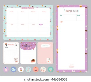 Cute Calendar Daily And Weekly Planner Template. Note Paper And Stickers Set With Vector Funny Animals Illustrations. Good For Kids. Cute Background. Organizer And Schedule With Place For Notes.