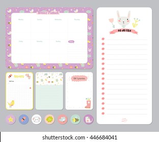 Cute Calendar Daily and Weekly Planner Template. Note Paper and Stickers Set with Vector Funny Animals Illustrations. Good for Kids. Cute Background. Organizer and Schedule with place for Notes.