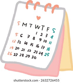 Cute calendar doodle hand drawn illustration style for planner, journaling, asset, graphic element. Pastel color of calendar clip art.